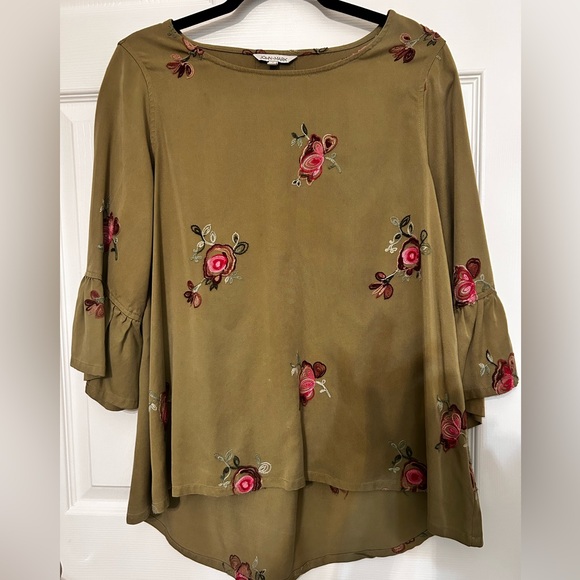 John Mark Tops - John Mark Olive Green Top Embroidered Flowers Ruffle Bell Sleeve High Low Hem S
